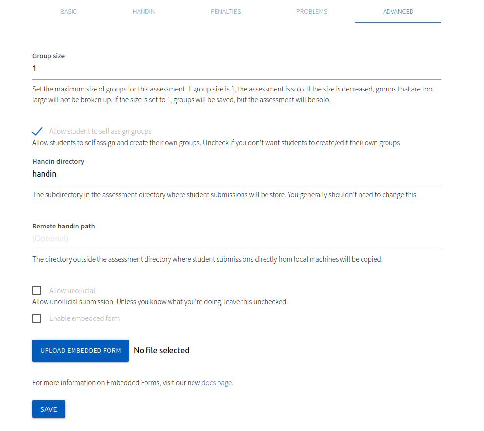 Assessment advanced settings