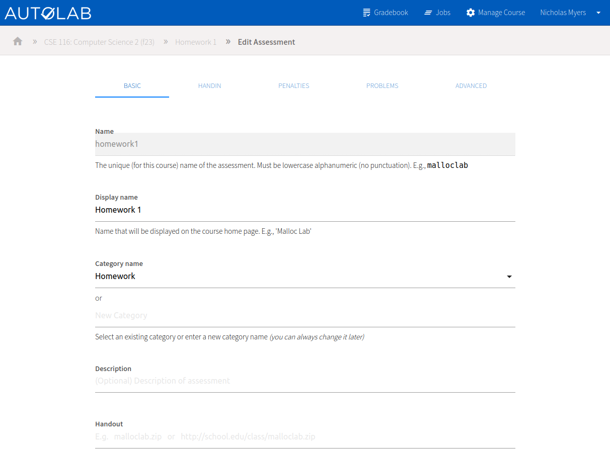 Assessment basic settings