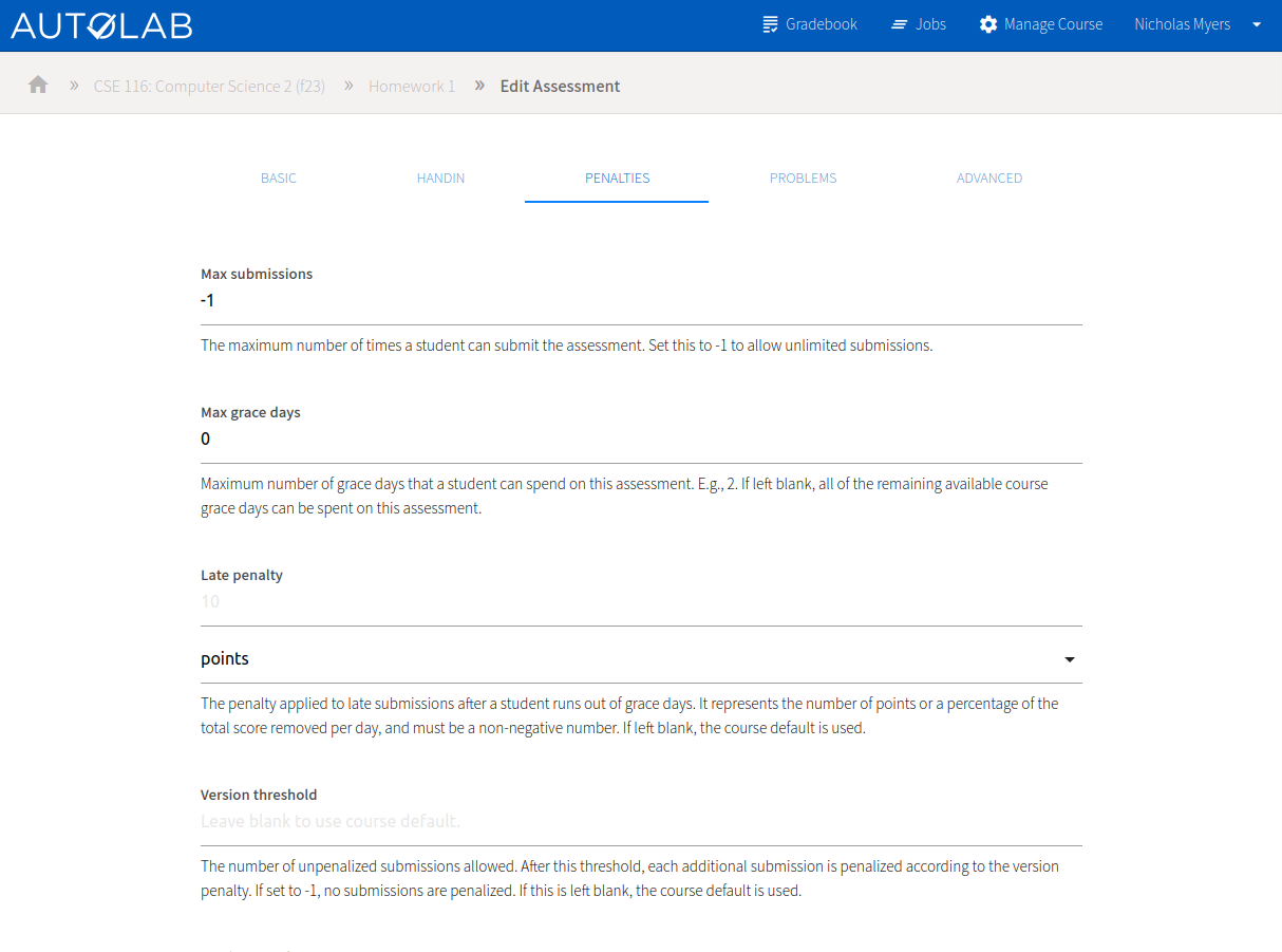 Assessment penalties settings